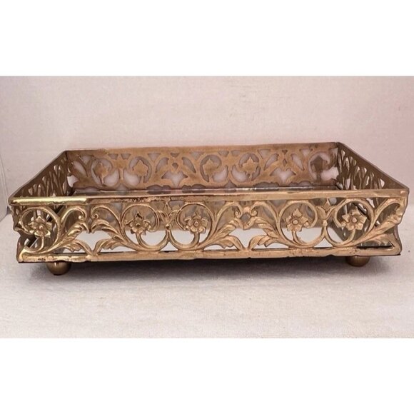 Footed Mirror Tray LG Gold Vanity Filigree Scroll Floral 14" x 9" x 3.5" LUXURY - Picture 11 of 15